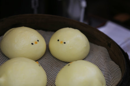 Animap shaped Buns Fluffy steamed wheatflour buns filled with mushrooms and hoisin sauce.