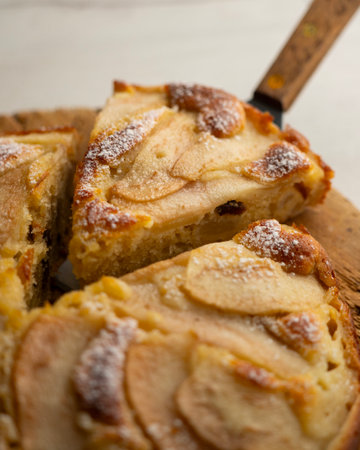 Sponge cake with pear and yogurt. Delicious traditional Italian recipe.