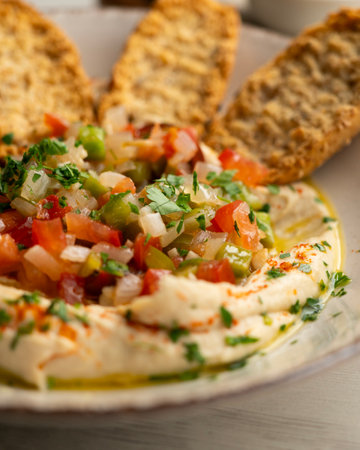 Traditional chickpea hummus with cut pepper and onion in the center served with toast.