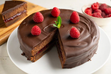 Chocolate Sachertorte with raspberry jam filling.の写真素材