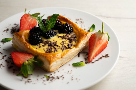 Puff pastry dessert with strawberries and blackberries filled with pastry cream.