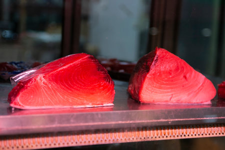 Premium Japanese tuna in a food market in the city of Osaka in Japan.の写真素材