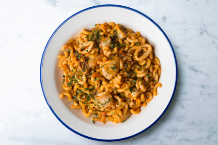 Delicious Spanish fideua with seafood. Typical Spanish gastronomy dish.の写真素材