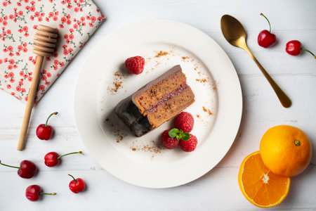 Delicious original sacher chocolate cake from an overhead perspective.の写真素材