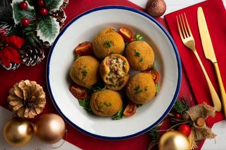 Spanish Tapa croquettes made with bechamel sauce and stuffed with octopus and potato. Top view...