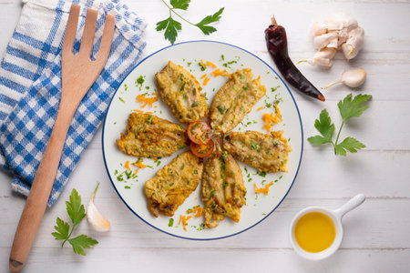 Battered anchovies, traditional Spanish tapa from the Malaga area. Top view table.の写真素材