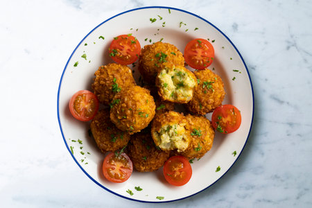 Vegan Chickpea balls coated with panko. Top view table.