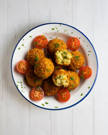 Vegan Chickpea balls coated with panko. Top view table.