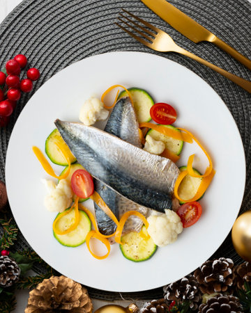Baked mackerel with delicious and healthy vegetables. Top view table with christmas decorations.の写真素材