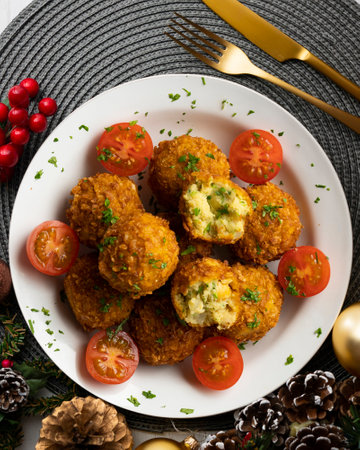 Vegan Chickpea balls coated with panko. Top view table.
