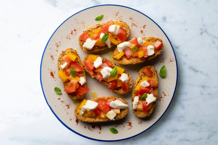 Delicious Italian bruschetta with mozzarella and peach. Top view table