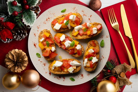Delicious Italian bruschetta with mozzarella and peach. Top view table with christmas decorations.