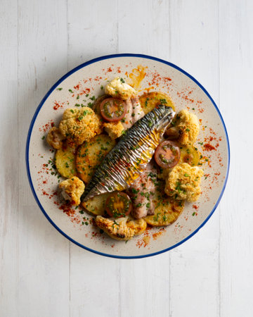 Baked mackerel with braised cauliflower and cherry tomatoes. Top view table.の写真素材