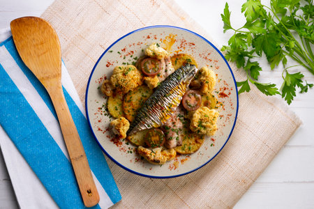 Baked mackerel with braised cauliflower and cherry tomatoes. Top view table.の写真素材