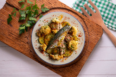 Baked mackerel with braised cauliflower and cherry tomatoes. Top view table.の写真素材