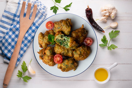 Spinach fritters, traditional Spanish tapa. Top view table.の写真素材
