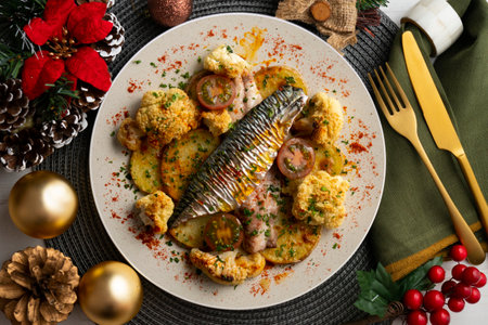 Baked mackerel with braised cauliflower and cherry tomatoes. Top view table.の写真素材
