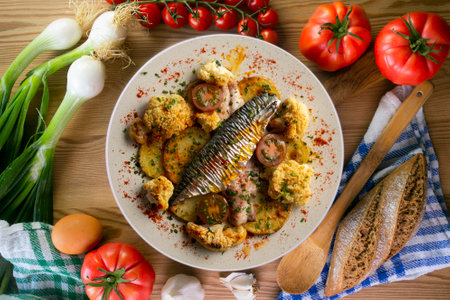 Baked mackerel with braised cauliflower and cherry tomatoes. Top view table.の写真素材