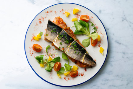 Baked mackerel stuffed with vegetables and tomato. Top view table.の写真素材