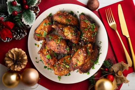 BBQ marinated chicken wings. Top view table with Christmas decoration.の写真素材