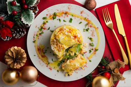 Peruvian Cause. Causa Lima is a traditional starter of Peruvian cuisine made with potato, avocado, chicken or tuna.の写真素材