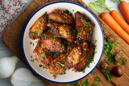 BBQ marinated chicken wings. Top view table.の写真素材