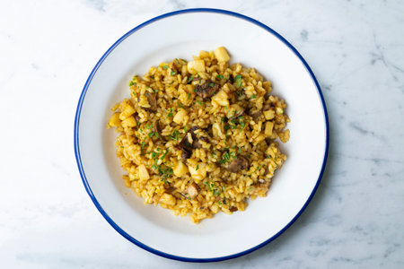 Band rice. Rice paella with cuttlefish. Top view table.の写真素材