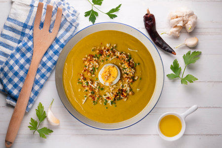 Cream of sweet potato and vegetables decorated with egg. Top view table with decorations.の写真素材