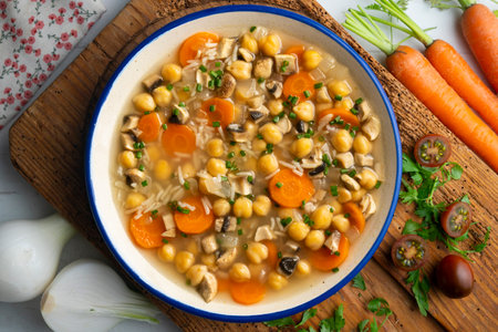 Chickpea and rice soup with mushrooms and vegetables. Top view table with decorations.の写真素材