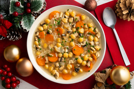 Chickpea and rice soup with mushrooms and vegetables. Top view table with decorations.の写真素材