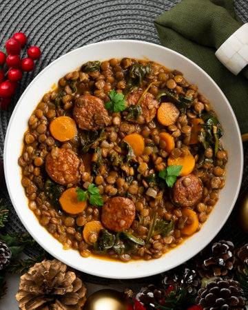 Lentil stew with chorizo, spinach and carrot. Top view table with Christmas decorations.の写真素材