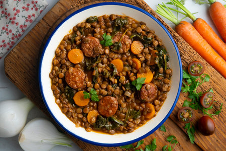Lentil stew with chorizo, spinach and carrot. Top view table with decorations.の写真素材