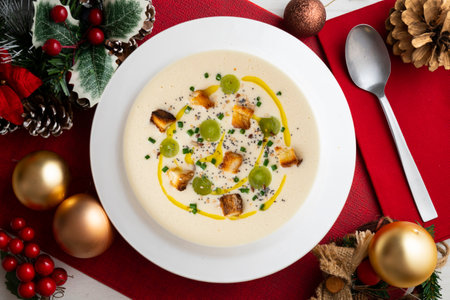 Spanish tapa cold soup of ajoblanco with grapes. Top view table with decoration.の写真素材
