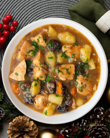 Turkey stew with prunes and potatoes. Top view table with Christmas decoration.の写真素材