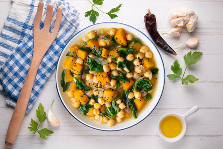 Chickpea stew with pumpkin and spinach. Top view table with decoration.の写真素材