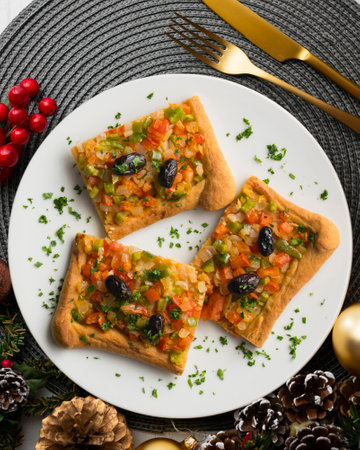 Coca de trampo mallorca with vegetables. Top view table.の写真素材