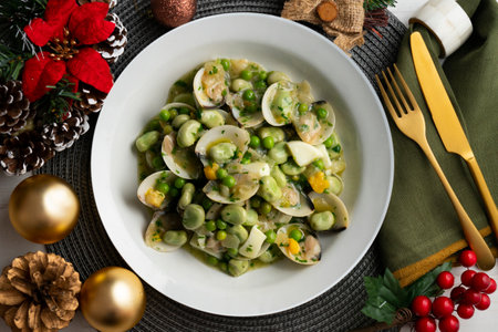 Green beans with clams and hard-boiled eggs. Top view table.