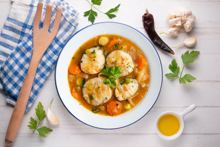 Stewed hake medallions with vegetables. Top view table with decorations.の写真素材