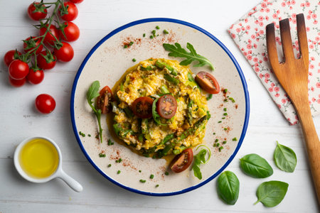 Scrambled organic chicken eggs with green asparagus and tomato. Top view table with decoration.の写真素材