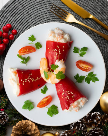Red piquillo peppers stuffed with cod. Top view table with Christmas decoration.の写真素材