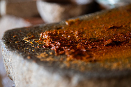 Woman from an indigenous community in Oaxaca preparing traditional red mole with a metate, a tool...