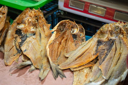 Dried fish on display at a food market stall in Oaxaca, Mexico.の写真素材