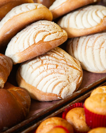 Shell bread. Mexican sweet bread at a street food stand in Oaxaca.の写真素材