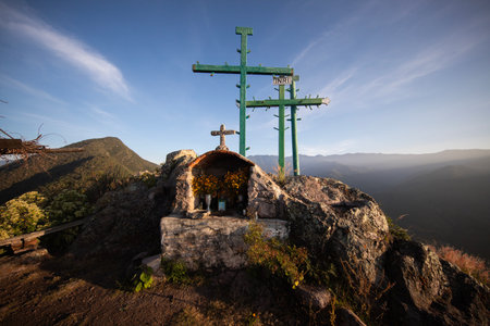 Three crosses on top of Mount Picacho in the Oaxaca Valley in Mexico.の写真素材
