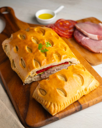 Spanish Hornazo. Traditional Spanish pie filled with Iberian pork loin and other ingredients such as sausages or vegetables.の写真素材