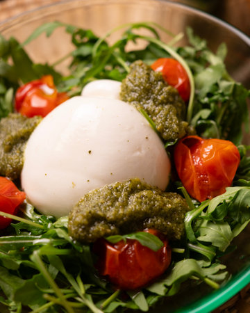 Fresh Italian burrata salad with pesto, cherry tomatoes and arugulaの写真素材