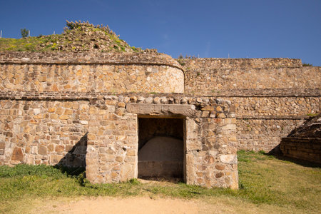 Chapel at the ancient archaeological ruins of Monte Alban in the Oaxaca region of Mexico. Ancient capital of the Zapotecs and one of the first cities in Mesoamerica.の写真素材