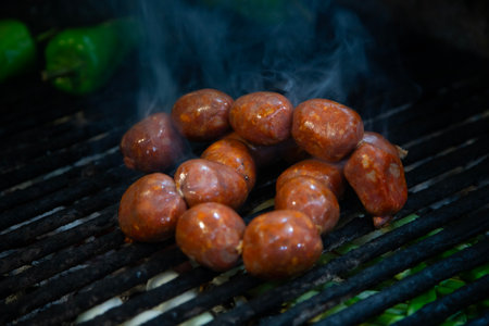 Chorizo pork meat. Meat stall in the central market of the city of Oaxaca in Mexico.の写真素材