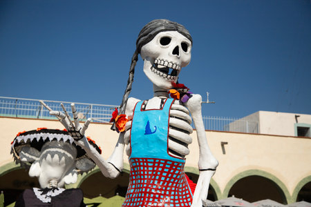 Cholula, Puebla, Mexico; 1st November 2024: Colorful catrina figures for the Day of the Dead celebration representing characters from Mexican culture.の写真素材