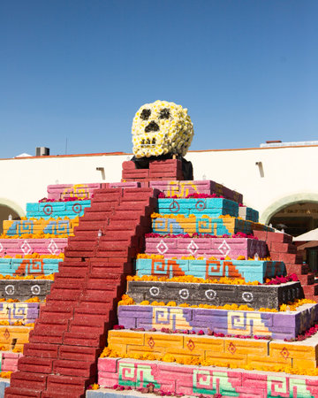 Cholula, Puebla, Mexico; 1st November 2024: Colorful catrina figures for the Day of the Dead celebration representing characters from Mexican culture.の写真素材